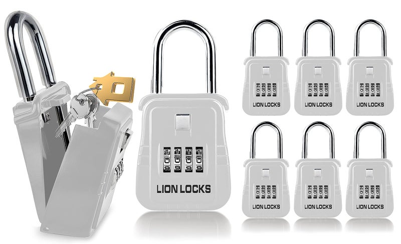 Lion Locks صندوق قفل مفتاح Lion Locks 1500 مع رمز، صندوق قفل للمفاتيح في الهواء الطلق، صندوق قفل السمسار للإيجارات قصيرة المدى، يحمل 5 مفاتيح (6 عبوات، أبيض) - Image 1